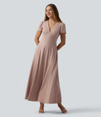 V Neck Short Sleeve Built-in Bra Tie Back Flowy Maxi Dress — Rose Dust — view 2