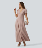 V Neck Short Sleeve Built-in Bra Tie Back Flowy Maxi Dress — Rose Dust — view 5