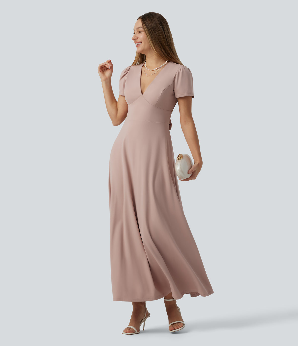 V Neck Short Sleeve Built-in Bra Tie Back Flowy Maxi Dress — Rose Dust — view 5
