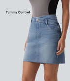 Denim Asymmetric Mid Rise Tummy Control Casual Skirt with Pockets — Vallarta Blue Denim — view 1