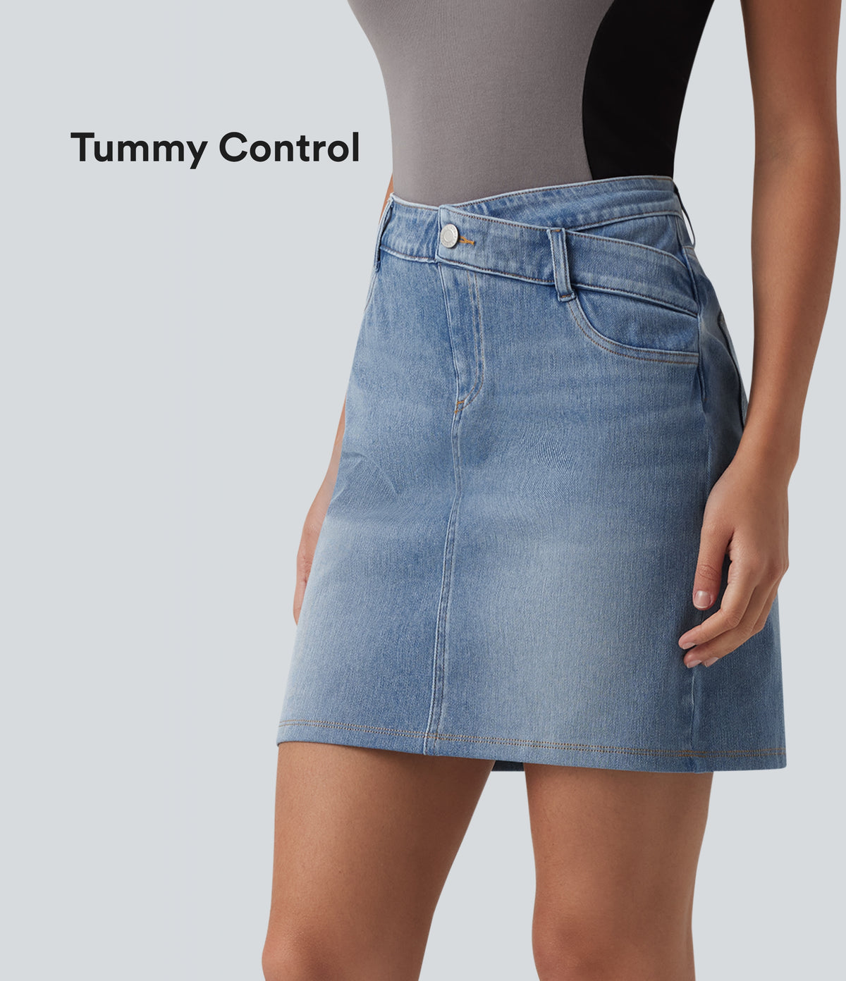 Denim Asymmetric Mid Rise Tummy Control Casual Skirt with Pockets — Vallarta Blue Denim — view 1