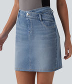 Denim Asymmetric Mid Rise Tummy Control Casual Skirt with Pockets — Vallarta Blue Denim — view 4