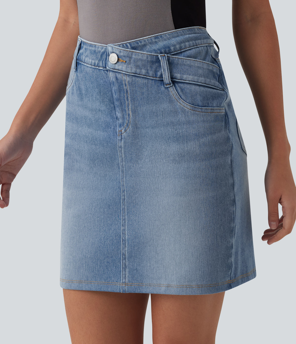 Denim Asymmetric Mid Rise Tummy Control Casual Skirt with Pockets — Vallarta Blue Denim — view 4