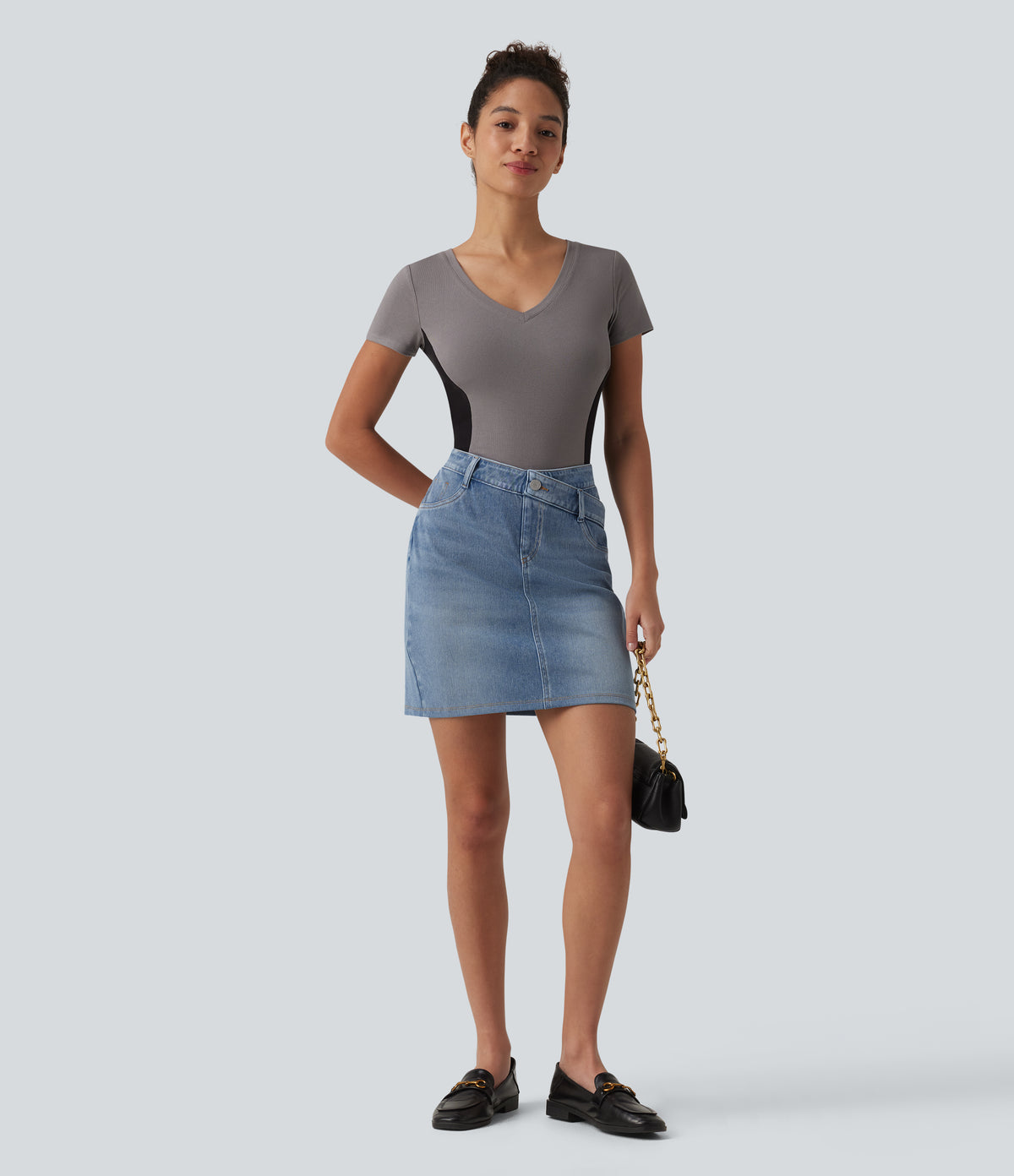 Denim Asymmetric Mid Rise Tummy Control Casual Skirt with Pockets — Vallarta Blue Denim — view 6