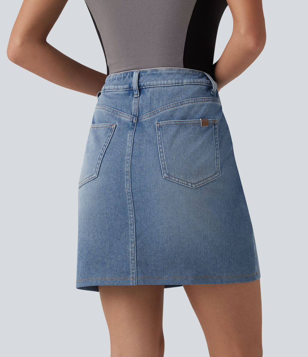 Denim Asymmetric Mid Rise Tummy Control Casual Skirt with Pockets — Vallarta Blue Denim — view 2