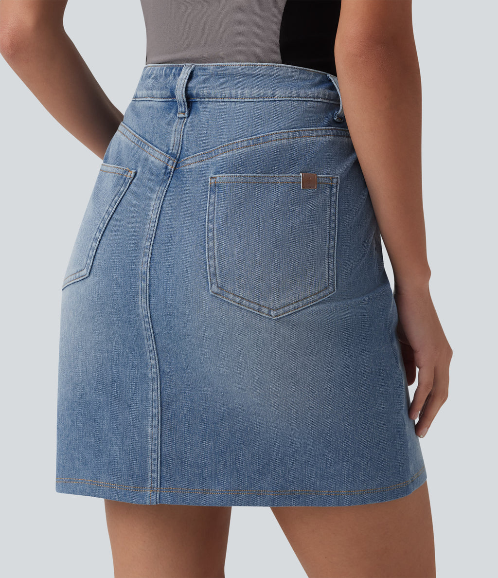 Denim Asymmetric Mid Rise Tummy Control Casual Skirt with Pockets — Vallarta Blue Denim — view 5