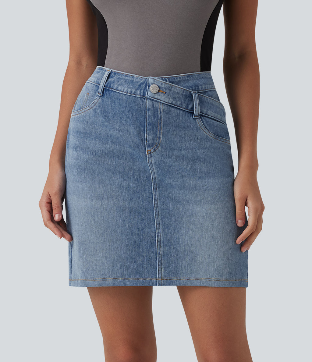 Denim Asymmetric Mid Rise Tummy Control Casual Skirt with Pockets — Vallarta Blue Denim — view 3