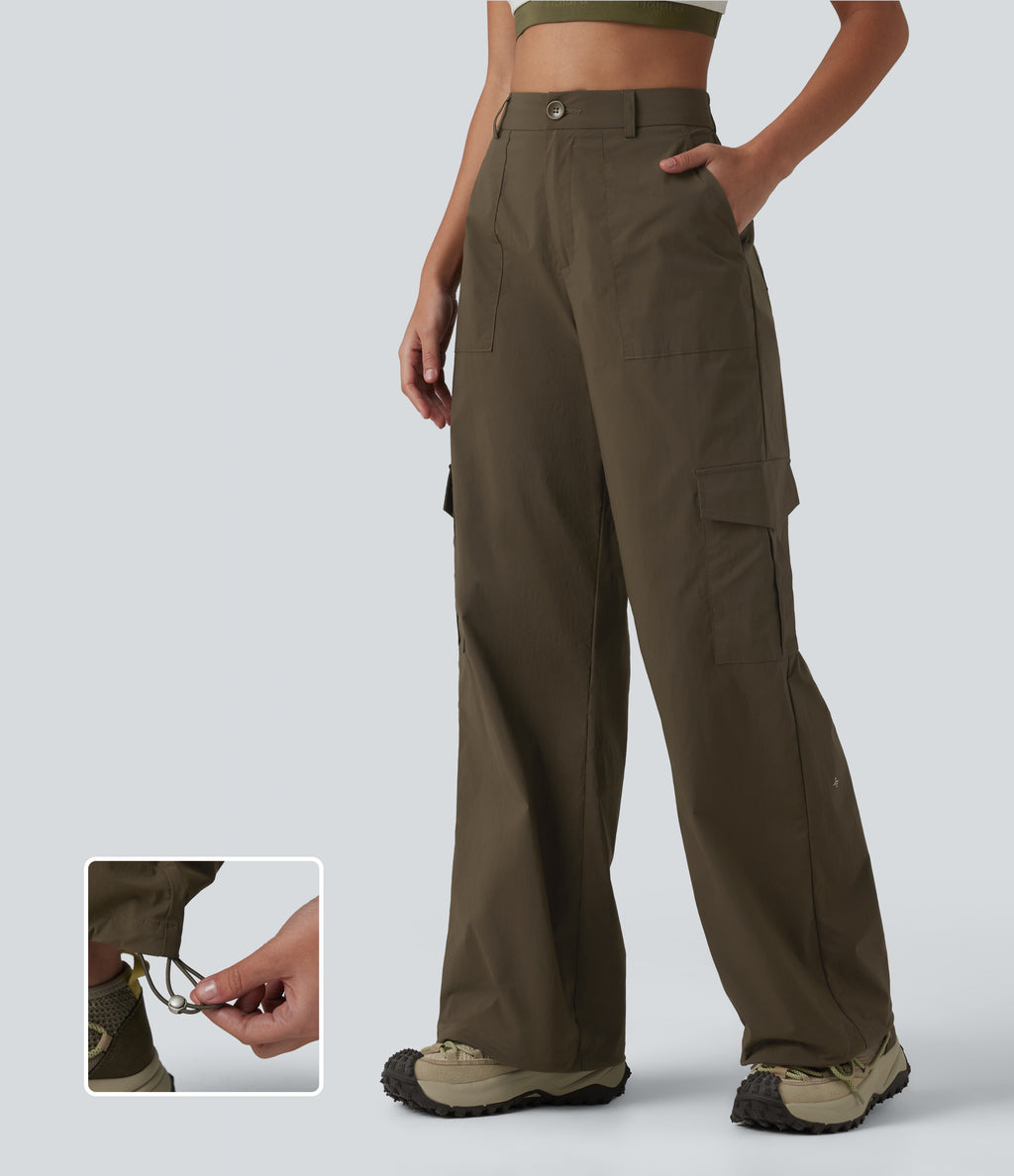 High Waisted Hiking Cargo Straight Leg Trousers with Pockets — Slate Black — view 1