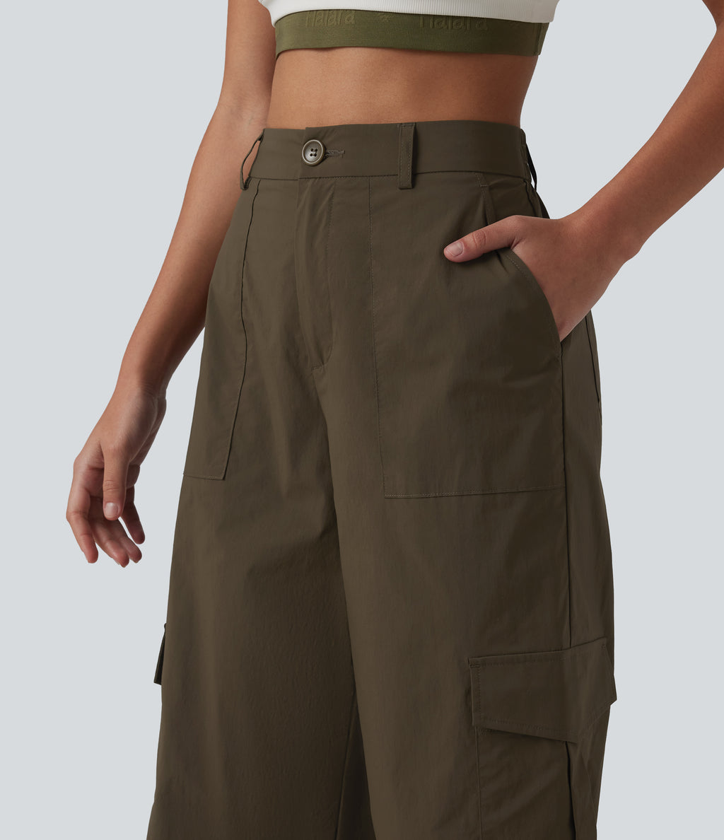High Waisted Hiking Cargo Straight Leg Trousers with Pockets — Slate Black — view 4