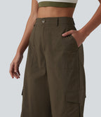 High Waisted Hiking Cargo Straight Leg Trousers with Pockets — Slate Black — view 4