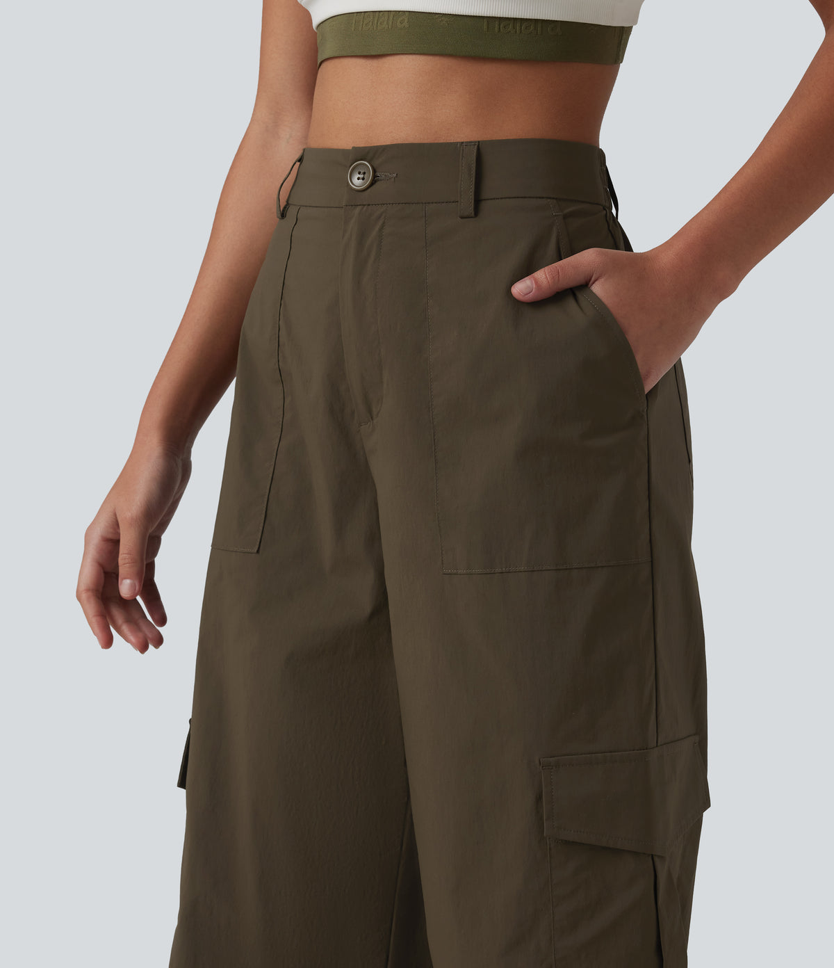 High Waisted Hiking Cargo Straight Leg Trousers with Pockets — Slate Black — view 4