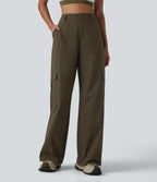 High Waisted Hiking Cargo Straight Leg Trousers with Pockets — Slate Black — view 3