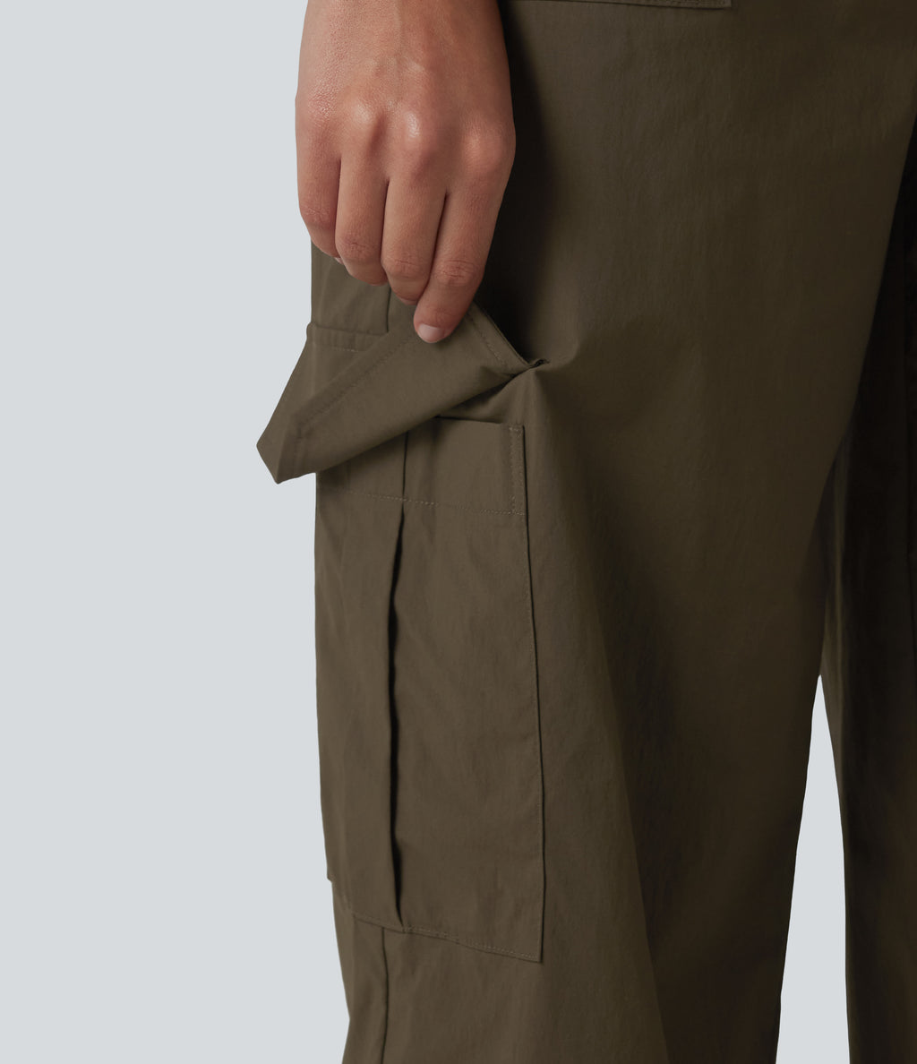 High Waisted Hiking Cargo Straight Leg Trousers with Pockets — Slate Black — view 6