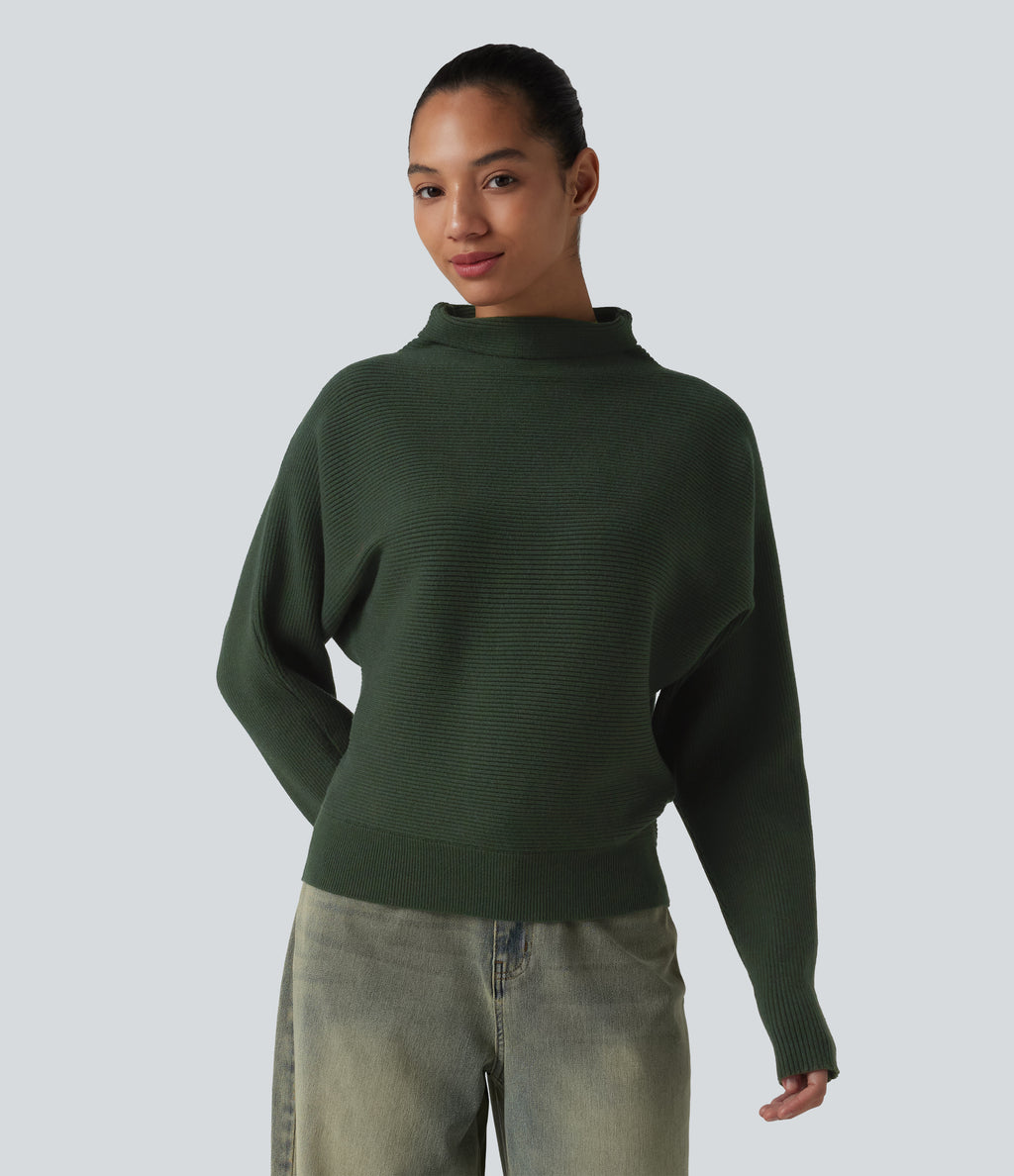 High-neck Batwing Sleeve Casual Jumper — Kombu Green — view 6