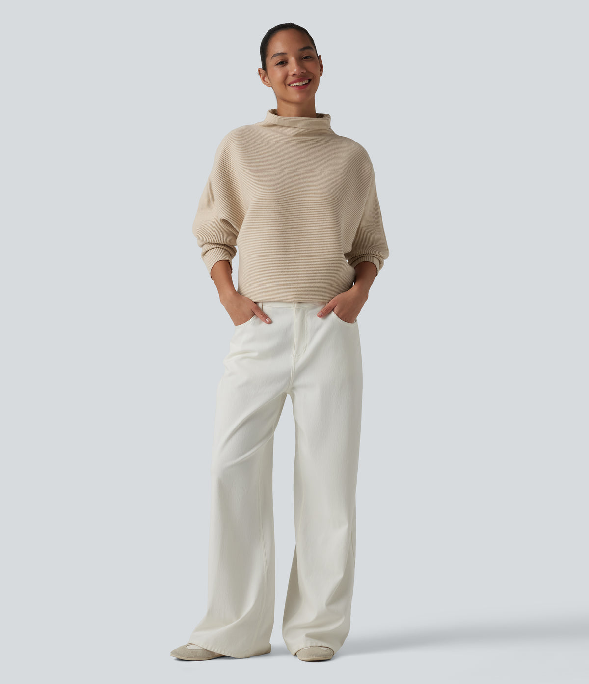 High-neck Batwing Sleeve Casual Jumper — Brazilian Sand — view 5