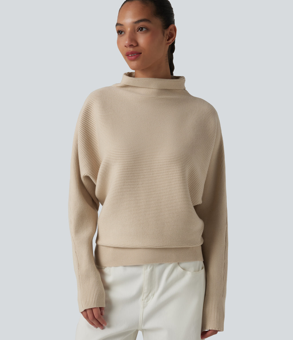 High-neck Batwing Sleeve Casual Jumper — Brazilian Sand — view 4