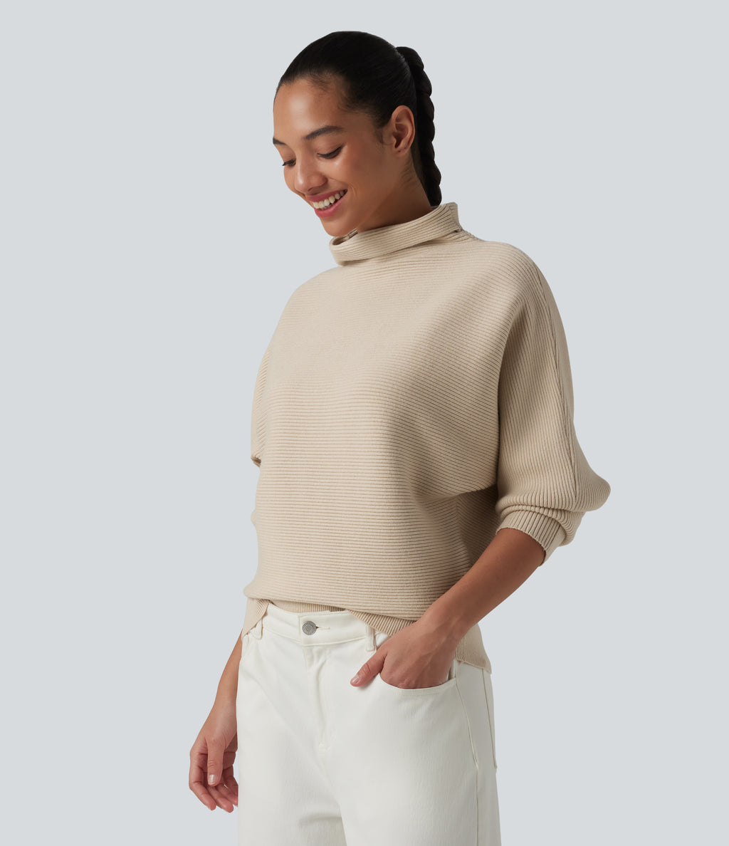 High-neck Batwing Sleeve Casual Jumper — Brazilian Sand — view 3