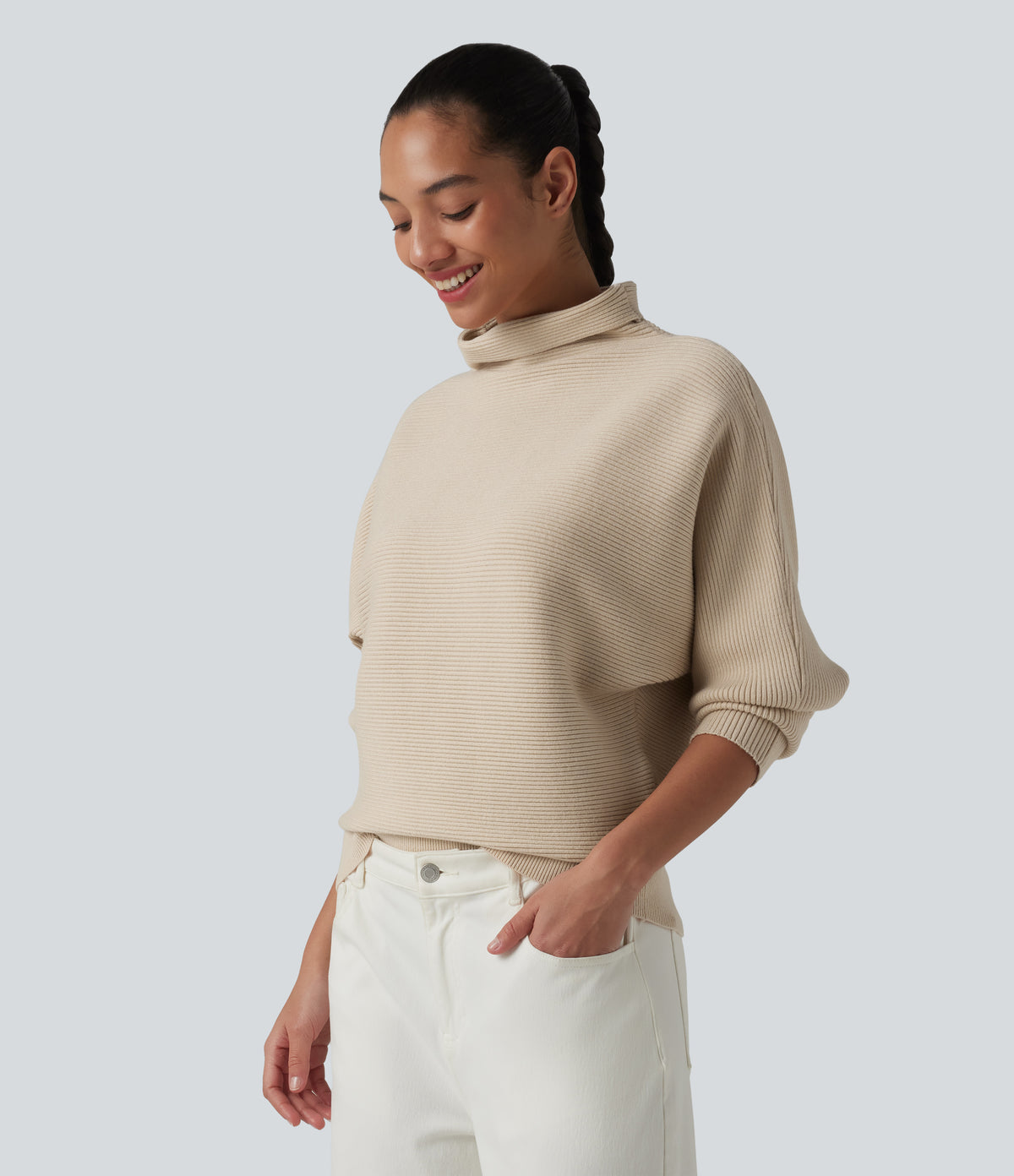 High-neck Batwing Sleeve Casual Jumper — Brazilian Sand — view 3