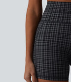 Check Plaid Print High Waisted Drawstring Yoga Biker Shorts 5'' with Pockets — Storm Gray Check Plaid — view 6