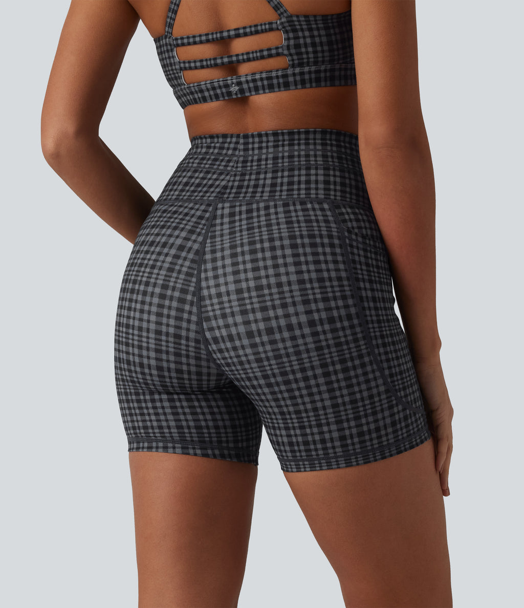 Check Plaid Print High Waisted Drawstring Yoga Biker Shorts 5'' with Pockets — Storm Gray Check Plaid — view 4