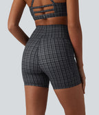 Check Plaid Print High Waisted Drawstring Yoga Biker Shorts 5'' with Pockets — Storm Gray Check Plaid — view 4