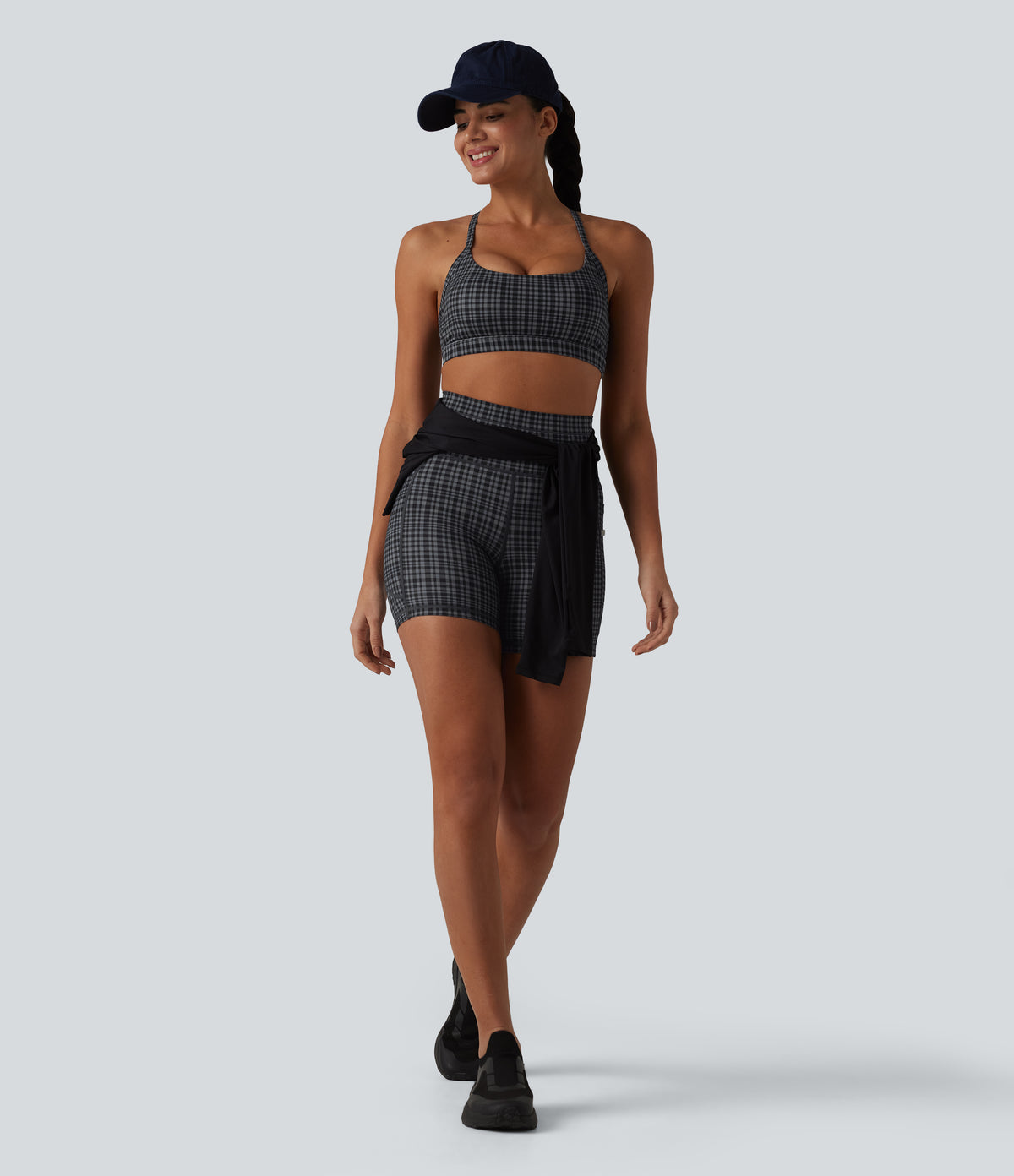 Check Plaid Print High Waisted Drawstring Yoga Biker Shorts 5'' with Pockets — Storm Gray Check Plaid — view 8