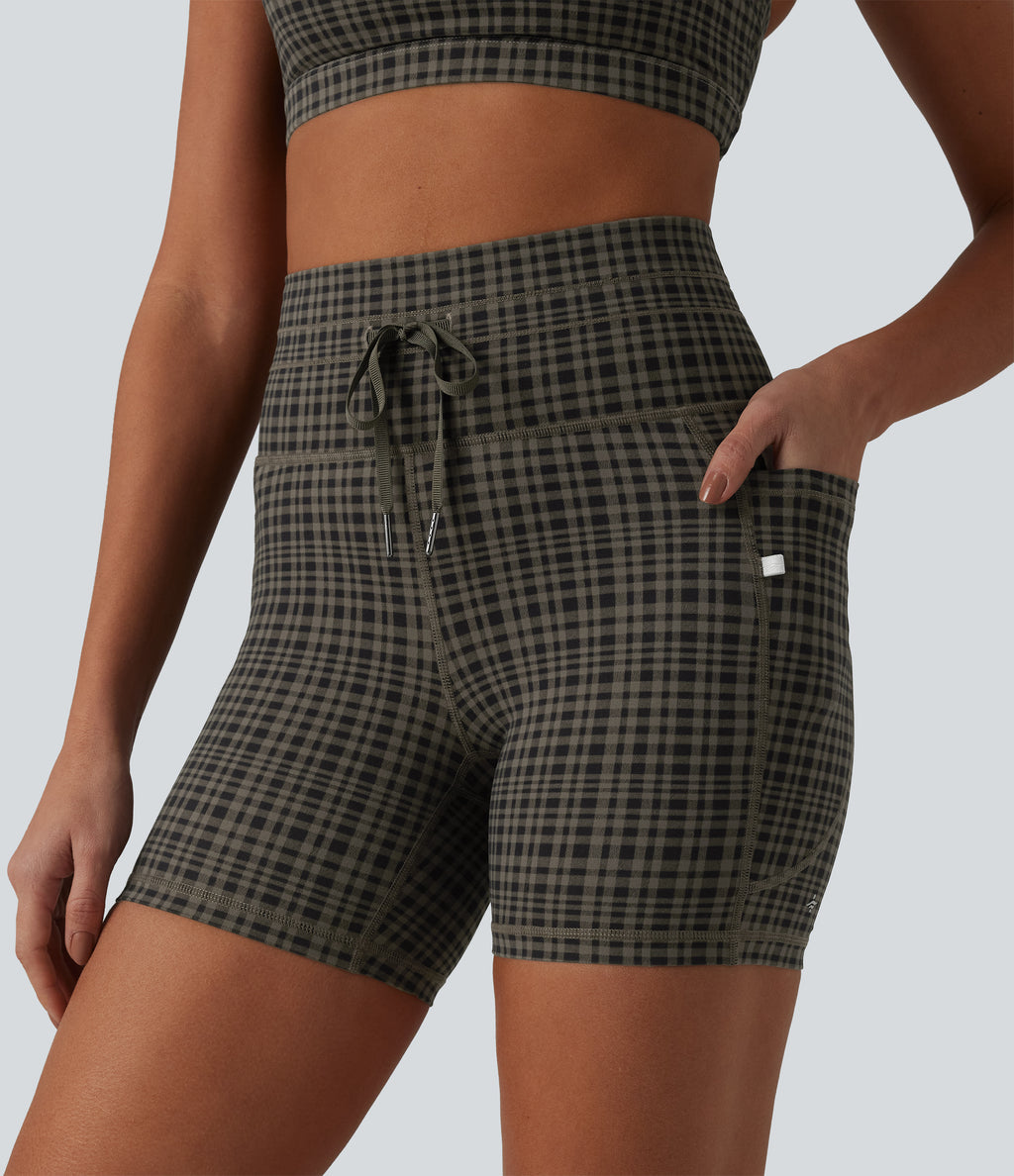 Check Plaid Print High Waisted Drawstring Yoga Biker Shorts 5'' with Pockets — Sandstone Check Plaid — view 9