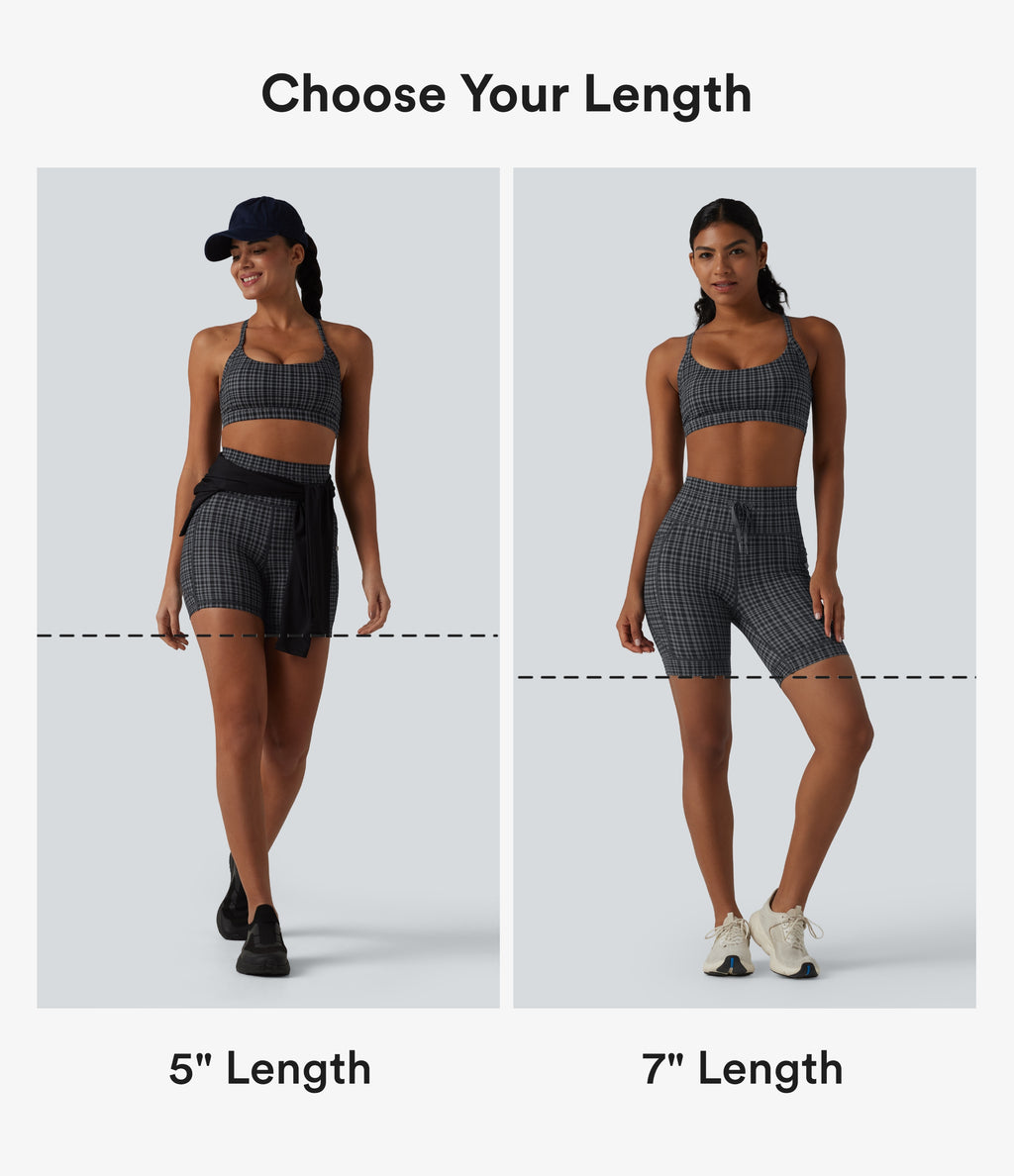 Check Plaid Print High Waisted Drawstring Yoga Biker Shorts 5'' with Pockets — Storm Gray Check Plaid — view 2