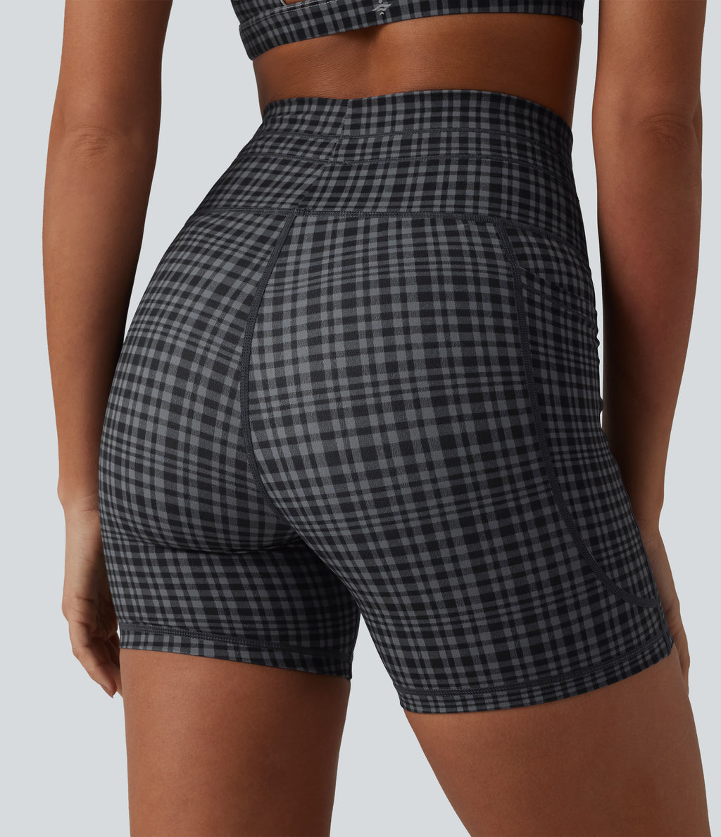 Check Plaid Print High Waisted Drawstring Yoga Biker Shorts 5'' with Pockets — Storm Gray Check Plaid — view 7