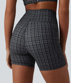 Check Plaid Print High Waisted Drawstring Yoga Biker Shorts 5'' with Pockets — Storm Gray Check Plaid — view 7