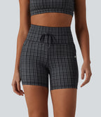 Check Plaid Print High Waisted Drawstring Yoga Biker Shorts 5'' with Pockets — Storm Gray Check Plaid — view 3