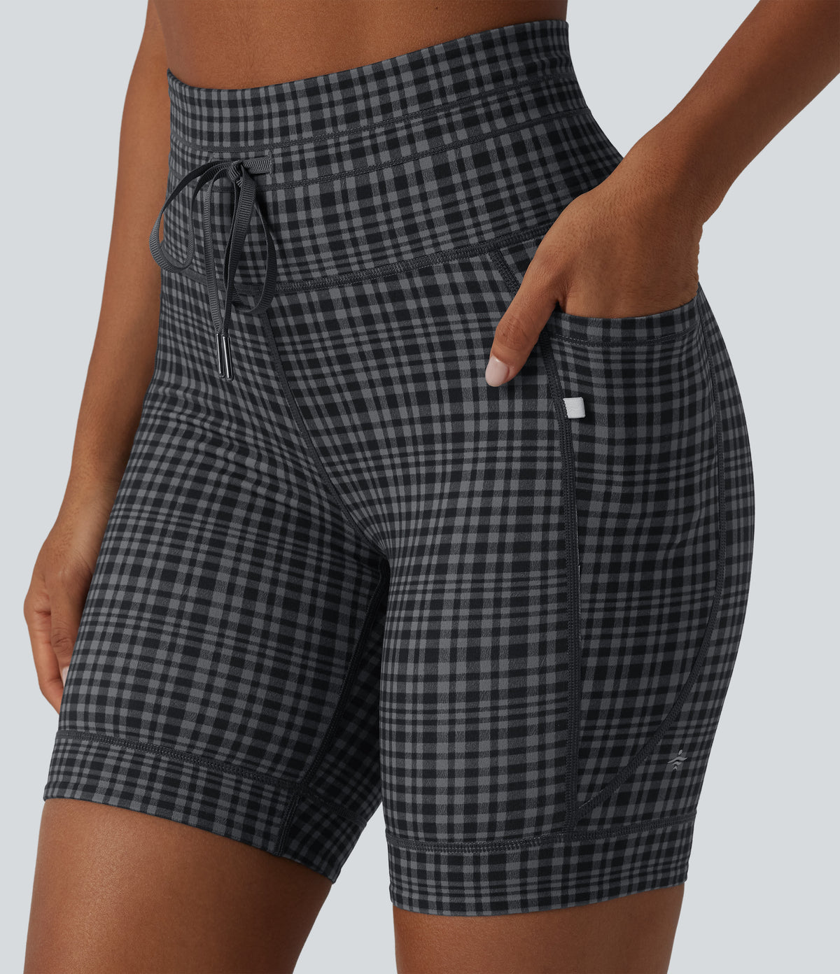 Check Plaid Print High Waisted Drawstring Yoga Biker Shorts 7'' with Pockets — Storm Gray Check Plaid — view 5