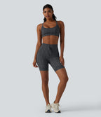 Check Plaid Print High Waisted Drawstring Yoga Biker Shorts 7'' with Pockets — Storm Gray Check Plaid — view 7