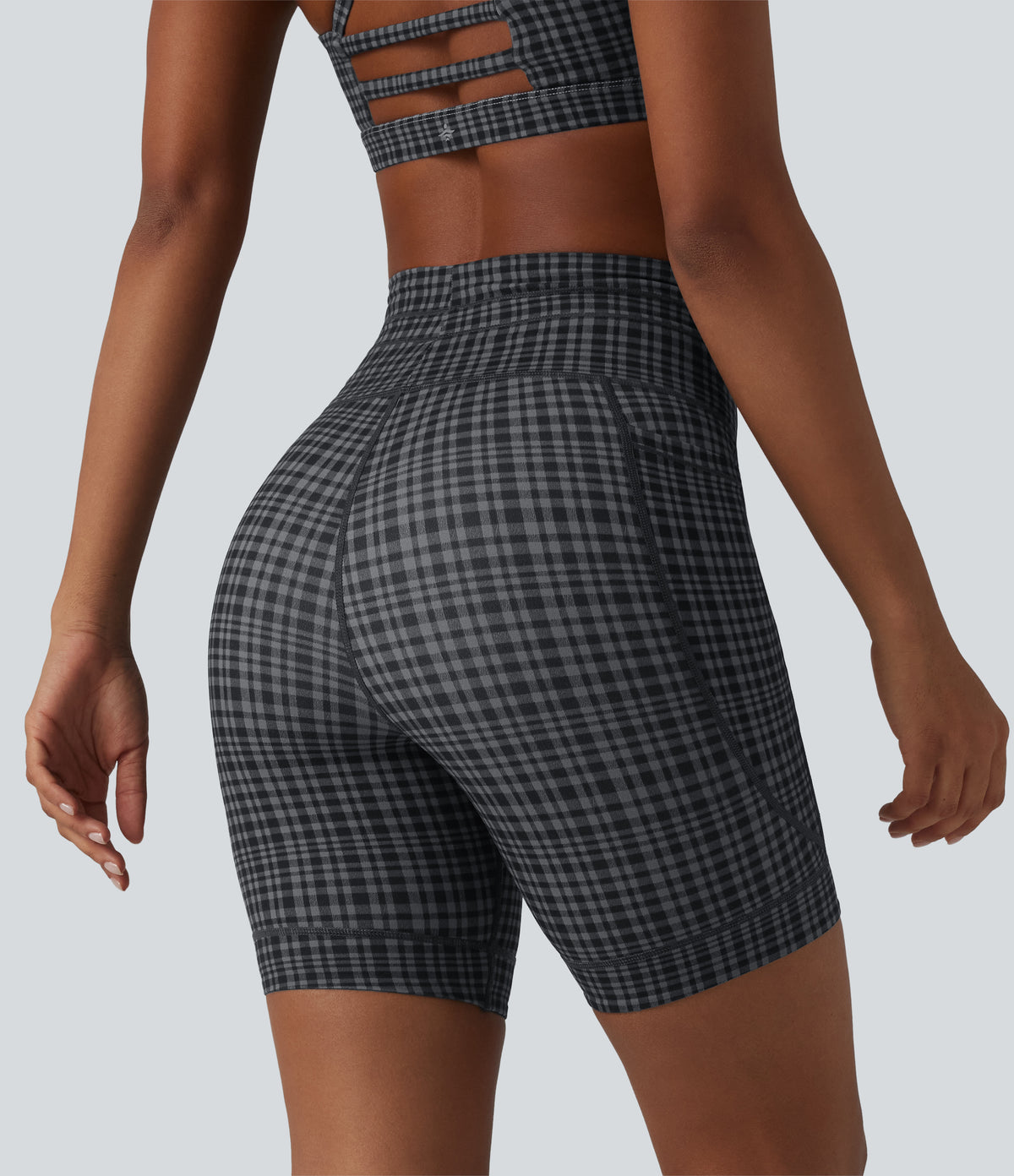 Check Plaid Print High Waisted Drawstring Yoga Biker Shorts 7'' with Pockets — Storm Gray Check Plaid — view 3