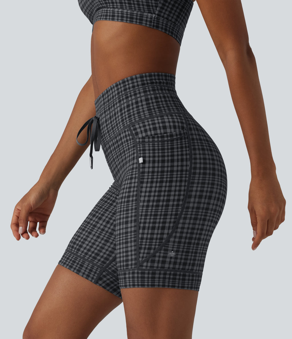 Check Plaid Print High Waisted Drawstring Yoga Biker Shorts 7'' with Pockets — Storm Gray Check Plaid — view 1