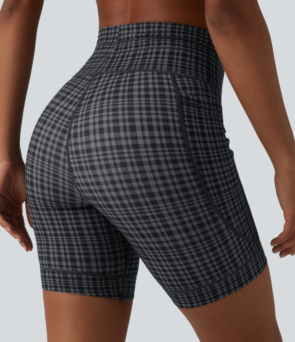 Check Plaid Print High Waisted Drawstring Yoga Biker Shorts 7'' with Pockets — Storm Gray Check Plaid — view 6