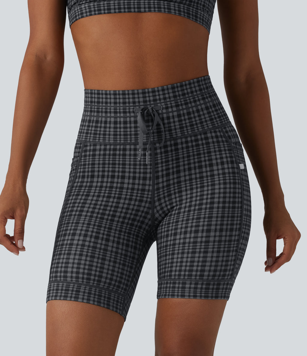 Check Plaid Print High Waisted Drawstring Yoga Biker Shorts 7'' with Pockets — Storm Gray Check Plaid — view 4