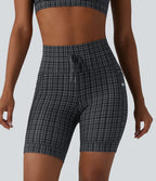 Check Plaid Print High Waisted Drawstring Yoga Biker Shorts 7'' with Pockets — Storm Gray Check Plaid — view 4