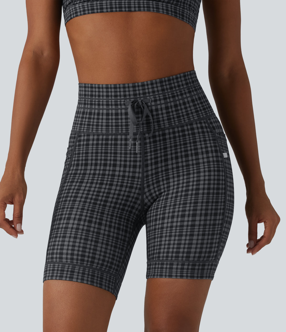 Check Plaid Print High Waisted Drawstring Yoga Biker Shorts 7'' with Pockets — Storm Gray Check Plaid — view 4