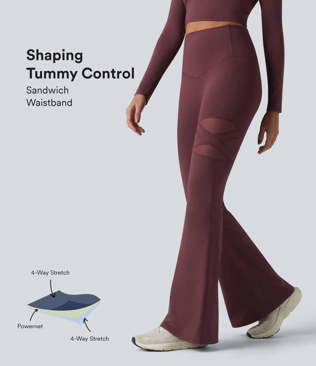 High Waisted Tummy Control Breathable Mesh Flare Casual Leggings with Pocket — Woo Plum Purple — view 1