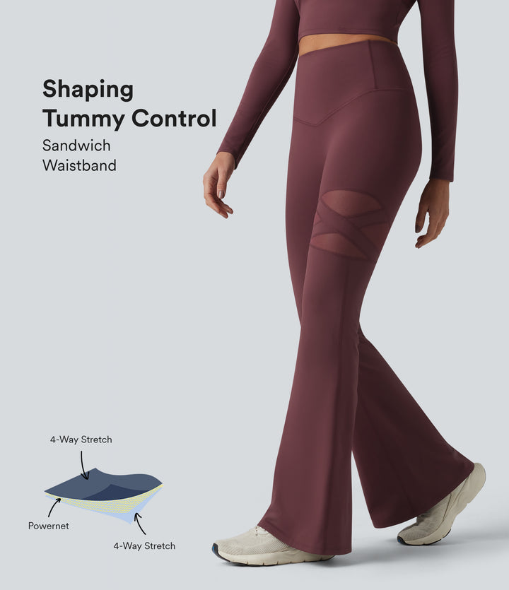 High Waisted Tummy Control Breathable Mesh Flare Casual Leggings with Pocket — Woo Plum Purple — view 1