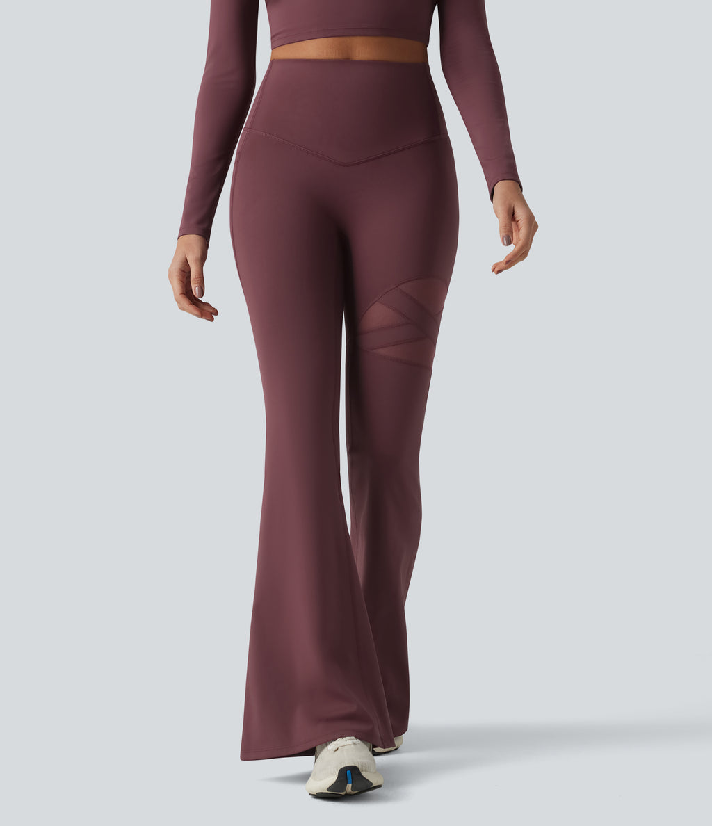 High Waisted Tummy Control Breathable Mesh Flare Casual Leggings with Pocket — Woo Plum Purple — view 3