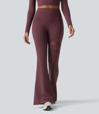 High Waisted Tummy Control Breathable Mesh Flare Casual Leggings with Pocket — Woo Plum Purple — view 3