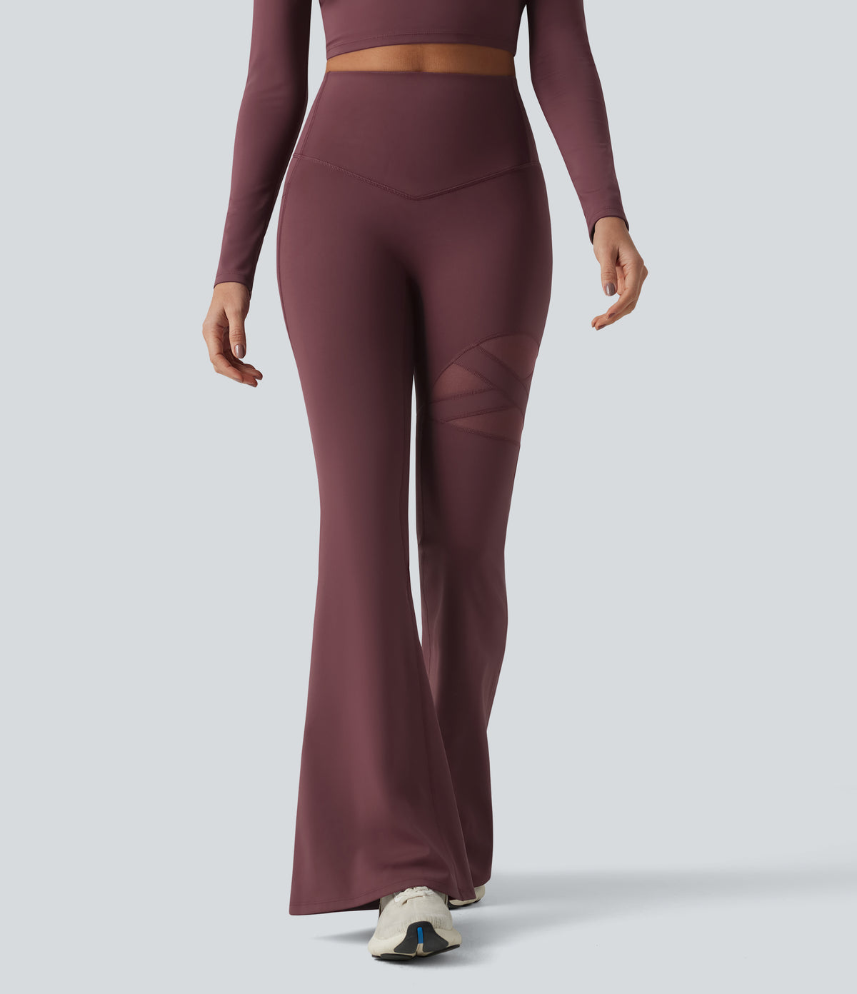 High Waisted Tummy Control Breathable Mesh Flare Casual Leggings with Pocket — Woo Plum Purple — view 3