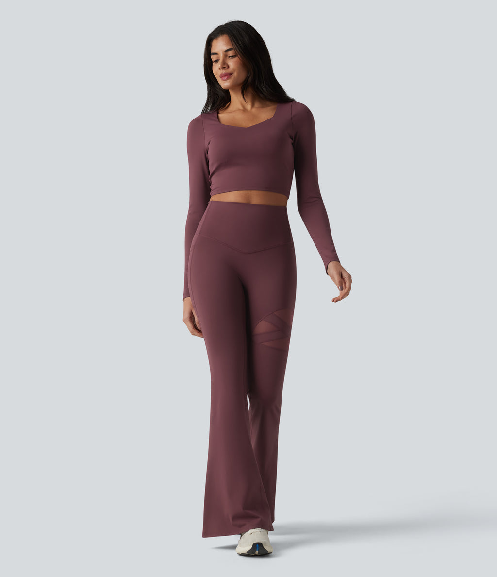 High Waisted Tummy Control Breathable Mesh Flare Casual Leggings with Pocket — Woo Plum Purple — view 6