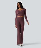 High Waisted Tummy Control Breathable Mesh Flare Casual Leggings with Pocket — Woo Plum Purple — view 6
