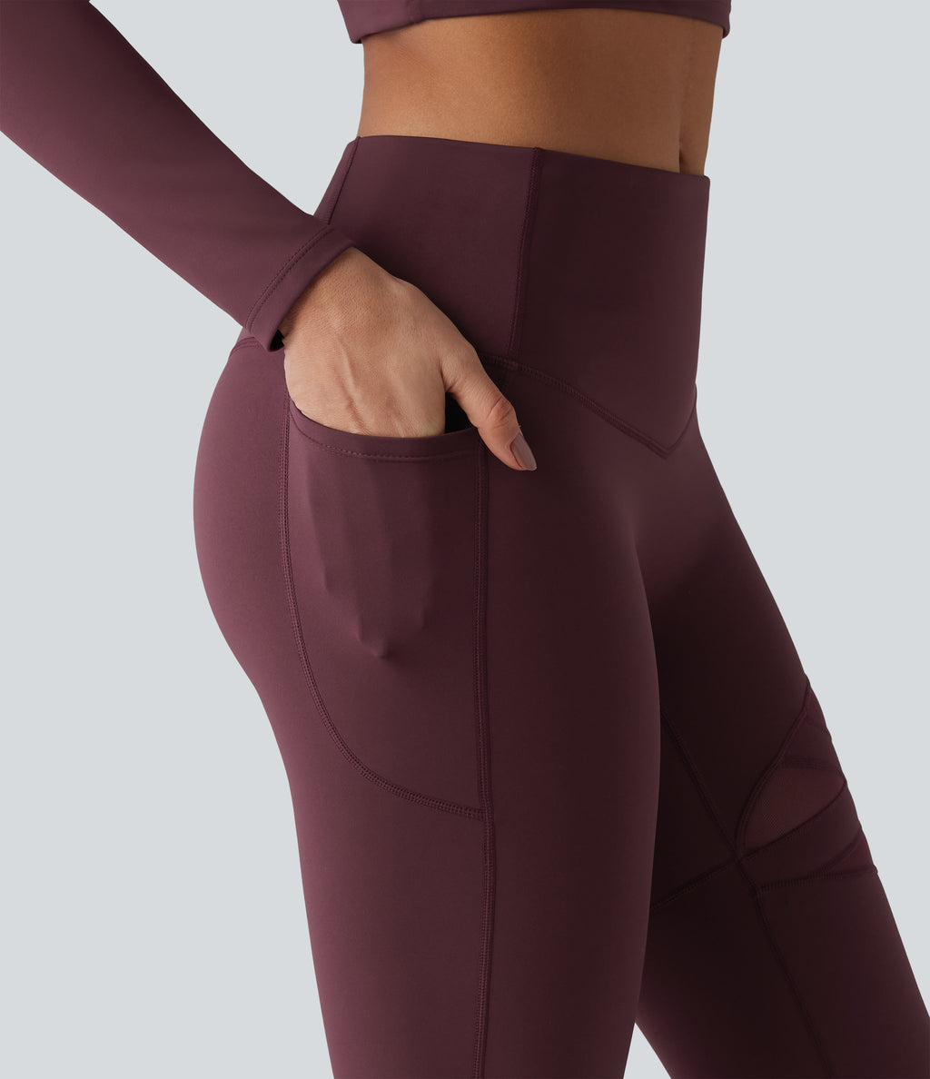 High Waisted Tummy Control Breathable Mesh Flare Casual Leggings with Pocket — Woo Plum Purple — view 7