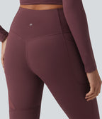 High Waisted Tummy Control Breathable Mesh Flare Casual Leggings with Pocket — Woo Plum Purple — view 5