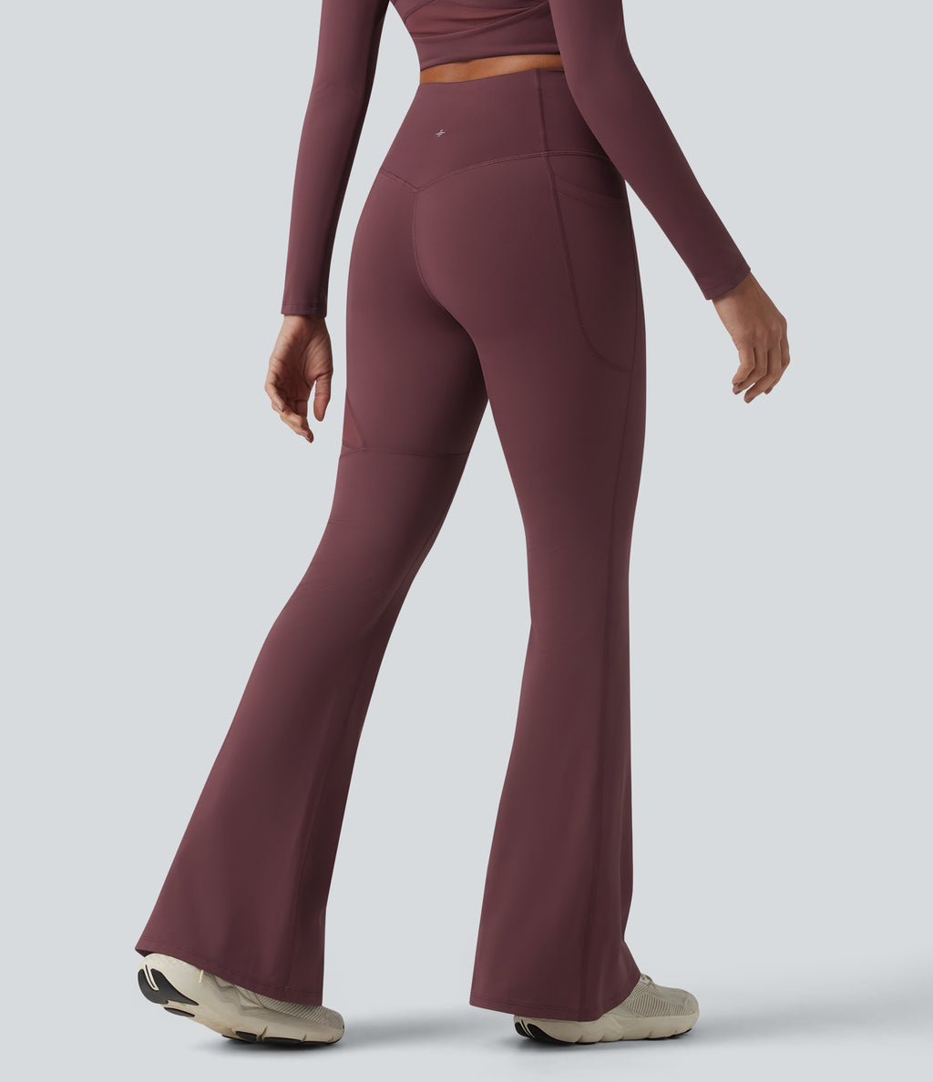 High Waisted Tummy Control Breathable Mesh Flare Casual Leggings with Pocket — Woo Plum Purple — view 2