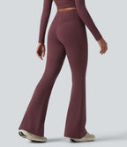 High Waisted Tummy Control Breathable Mesh Flare Casual Leggings with Pocket — Woo Plum Purple — view 2